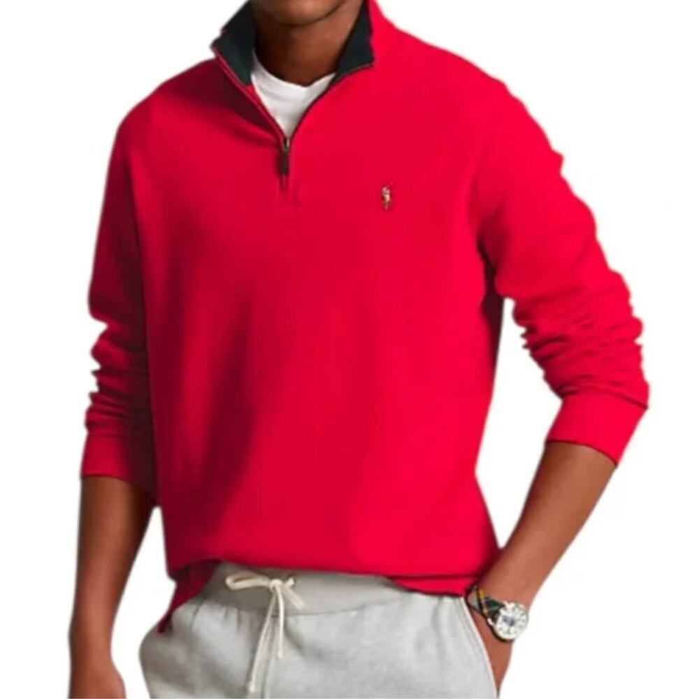 Polo Ralph Lauren Men's Red Estate Rib 1/4 Zip Cotton Sweater Size XL Preppy